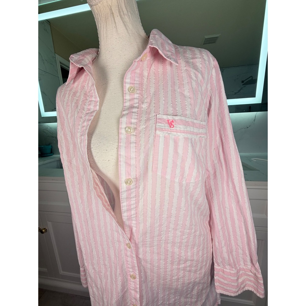 Victorias Secret Sleep Shirt Womens S Pink Cotton Striped Metallic Boyfriend Fit - Picture 4 of 13